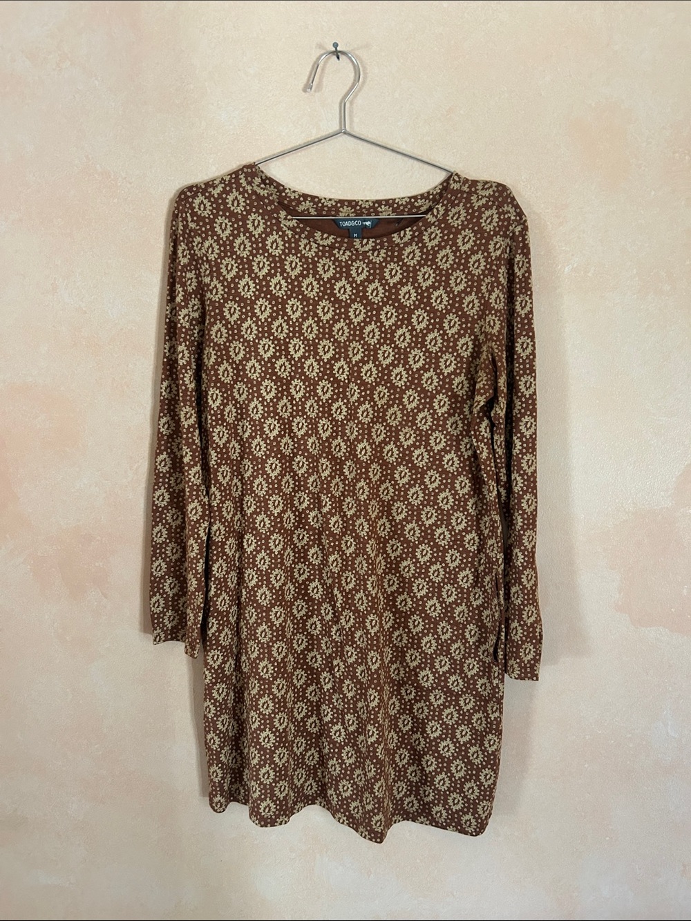 Toad&Co Long-Sleeve Floral Knit Dress in Brown and Cream medium